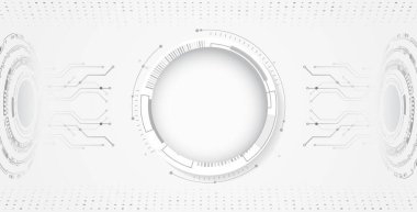 Çeşitli teknolojik elementlere sahip yüksek teknolojili gri arka plan. Devre kartı ve dairelerin vektör çizimi. Soyut gelecek iletişimi.