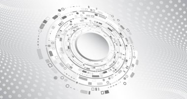 Gelişmiş iletişim teknolojileri. Gri ve beyaz fütüristik arka plan. Vektör çizim şablonu. Teknolojik elementlerden soyut yenilik arkaplanı.