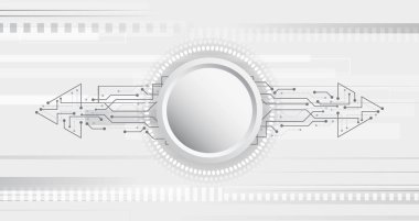 Bilim konsepti, yatay oklar ve çizgiler. Sunum ya da afiş için soyut yüksek teknoloji iletişimi. Çeşitli teknoloji elementleriyle bilim-kurgu gri arka planı.