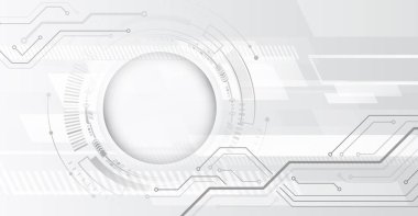 Çemberler ve diğer teknolojik elementlerden oluşan soyut gri yüksek teknolojili arka plan. Dijital iletişim, veri koruması, fütüristik sunum, bilimsel kapak.