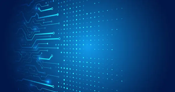 Soyut devre kartı fütüristik konsepti. Veri transferi ve koruma, mavi arka planda internet iletişimi. Yüksek bilgisayar teknolojisi tasarımı. Modern veri koruma vektörü sunumu.