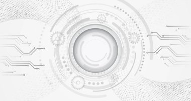 Dijital iletişim, veri koruması, yüksek teknoloji sunumu, bilimsel kapak. Yazdırılmış devre kartı, kareler ve diğer teknolojik elementlerden oluşan soyut gri fütüristik arkaplan.