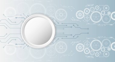 Sunum için gri arkaplandaki dişlilerden oluşan mekanizma. Bilim deneyi sunumu için çark. Makine mühendisliği konsepti. İş ve sanayi İnternet afişi.