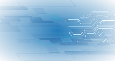 Soyut fütüristik iletişim. Çeşitli teknolojik elementlere sahip yüksek teknolojili mavi arka plan. Devre kartı ve karelerin vektör illüstrasyonu.