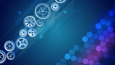 Fütürist illüstrasyon. Mavi arka planda soyut altıgen bilimi. Yüksek teknoloji dijital teknoloji ve mühendislik konsepti. Çokgenli bilim kurgu şablonu, mühendislik mekanizması.