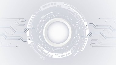 Veri transferi ve koruma, gri bir arkaplanda internet iletişimi. Yüksek bilgisayar teknolojisi tasarımı. Modern bilim vektörü sunumu. Soyut çemberler ve çizgiler fütüristik kavram.