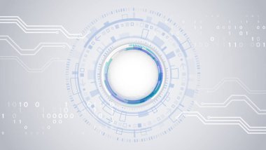 Dijital iletişim, veri koruması, fütüristik sunum, bilimsel kapak. Basılı devre kartı çemberleri ve diğer teknolojik elementlerden oluşan soyut gri yüksek teknoloji arka planı.