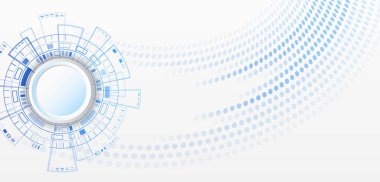 Soyut çember teknolojisi iletişimi, vektör illüstrasyonu. Sunum için gelecek tasarımı. Yüksek teknoloji bilgisayar dijital teknoloji konsepti. Çeşitli teknolojik elementlerle geniş gri arkaplan