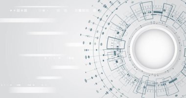 Çember elemanları, çizgiler ve dijital figürlerle soyut teknolojik arka plan. Yüksek teknoloji kavramı, dijital sistemler, yenilikler ve gelecek. Tasarım açık gri tonlarda yapılır.