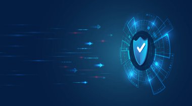 Fütürist dijital arka planda bir kalkan. Siber güvenlik kavramı, antivirüs koruması ve yüksek teknolojili bir ortamda güvenli veri transferi. Bilgi ve internet projelerinin korunması.