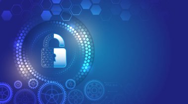 Veri koruması, güvenli teknoloji ve çevrimiçi güvenlik sistemlerini temsil eden soyut mavi tasarım. Parlayan dijital arayüzde kalkan ile siber güvenlik kavramı.