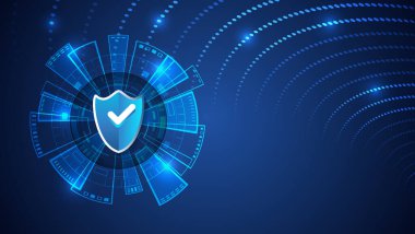 Veri koruması, güvenli teknoloji ve çevrimiçi güvenlik sistemlerini temsil eden soyut mavi tasarım. Parlayan dijital arayüzde kalkan ile siber güvenlik kavramı.