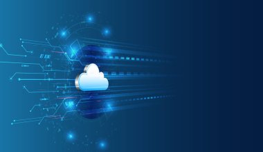 Bulut depolama, veri değişimi ve ağ sistemlerini temsil eden soyut geleceksel tasarım. Dijital elementli bulut hesaplama teknolojisi arka planı.