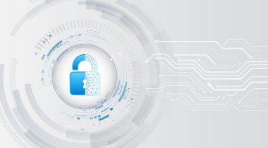 Gri yüksek teknoloji arka planında asma kilit olan soyut siber güvenlik kavramı. İnternetteki dijital koruma, gizlilik ve veri güvenliğini sembolize ediyor.