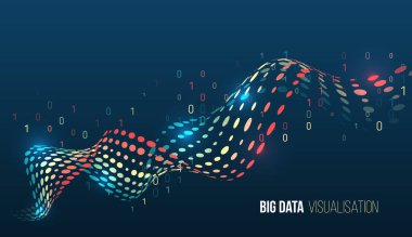 Renkli noktalar ve koyu mavi arkaplanda ikili kod dalgalarıyla modern büyük veri görselleştirmesi. Soyut bilgi akışı, dijital dönüşüm, veri analizi, yüksek teknoloji analitik kavram.