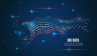 Soyut bilgi akışı, dijital dönüşüm, veri analizi, yüksek teknoloji analitik kavram. Koyu mavi arkaplan üzerinde renkli noktalar ve ikili kodlarla modern büyük veri görselleştirmesi.