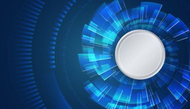 Dairesel tasarımı ve parlak mavi geometrik şekilleri olan gelecekçi dijital arkaplan. Yüksek teknoloji, yenilik, bilim ve bilişim sunumları veya teknoloji temalı görseller için ideal.