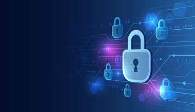 Parlayan asma kilitler ve dijital ikili kodlu gelecekteki siber güvenlik kavramı, güvenli veri iletimi, gizlilik koruması ve dijital ağ şifrelemesini temsil ediyor.