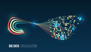 Bilgi işleme, makine öğrenme ve yapay zeka teknolojileri. Parlak renkli çizgilerin oluşturduğu büyük veri görsellemesinin soyut çizimi.