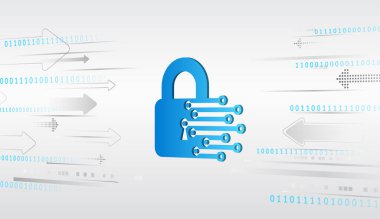 Mavi asma kilitli siber güvenlik kavramı ve dijital arka planda ikili kod ve oklu devre çizgileri. Veri koruması, şifreleme, güvenli ağlar ve bilişim güvenlik temaları için harika.