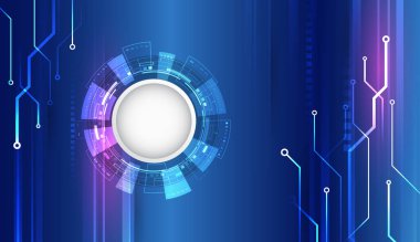 Mavi arka planda yuvarlak dijital paneli ve ışık çizgileri olan fütüristik teknoloji arka planı. Yüksek teknoloji, yenilik ve dijital çözümler için idealdir. Siber güvenlik sunumları