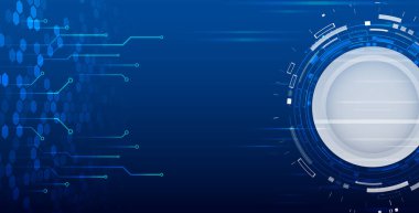 Mavi zemin üzerinde çember, altıgenler ve devre çizgileri olan gelecekçi dijital arkaplan. Teknoloji sunumları, yenilik ve dijital teknoloji temaları için mükemmel.