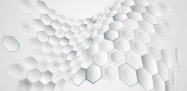 Soyut 3D altıgen desen ve pürüzsüz dalga etkisi. Beyaz ve açık gri tonlar sunumlar veya dijital arayüzler için modern, minimalist bir teknik zemin oluşturur.