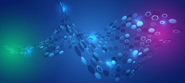 Altıgen şekilli ve ışık efektli mavi soyut arkaplan. Teknoloji, dijital ürünler ve bilimsel projelerde kullanılır. Pankartlar, kapaklar ve sunumlar için uygun.