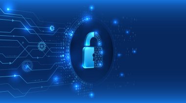 Merkezde çarklar, devreler ve ikili kodlarla çevrili bir kilidi tasvir eden mavi bir arka planı olan dijital illüstrasyon. Siber güvenlik ve veri koruma konuları için ideal.