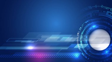 Dairesel HUD elementleri ve parlayan arayüz tasarımlı gelecekteki mavi teknoloji arka planı. Dijital sunumlar, yenilikler ve bilim kurgu temalı projeler için mükemmel..