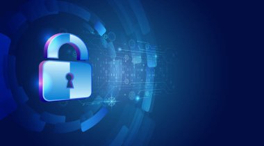 Vitesler, devreler ve ikili kodlarla çevrili bir asma kilidi tasvir eden mavi arka planı olan dijital bir illüstrasyon. Siber güvenlik ve veri koruma temaları için ideal.