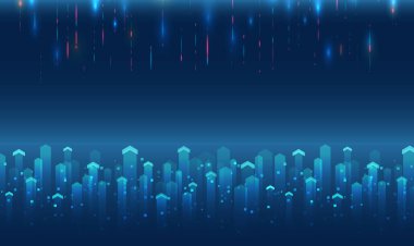 Büyümeyi, gelişmeyi ve teknolojiyi sembolize eden yukarı doğru ok ve dijital elementlere sahip gelecekçi arka plan. İş sunumları için ideal pankartlar ve bilişim tasarımı.