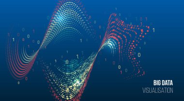 Mavi zemin üzerinde ikili kod elementleri olan dinamik renkli noktalar dalgası. Büyük veri görselleştirme, analitik ve dijital teknolojiler kavramı. Pankart ya da sunum için