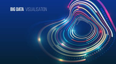 Koyu mavi arkaplandaki dairesel veri dalgaları. Büyük verileri, analitiği, dijital akışı ve modern teknolojiyi temsil eden soyut görselleştirme kavramı.