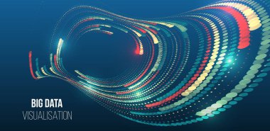 Büyük verileri, analitiği, dijital akışı ve modern teknolojiyi temsil eden soyut görselleştirme kavramı. Koyu mavi arkaplan üzerinde dairesel veri işaretlerinin renkli dalgası.