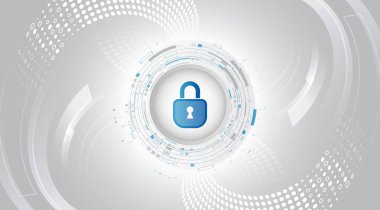 Açık gri renk şemasında soyut teknolojik çemberlerin arka planında dijital kilit. Siber güvenlik, mahremiyet ve dijital veri koruması sembolü. Yüksek teknoloji güvenlik sunumu için..