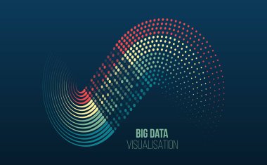 Renkli daireler ve noktalarla modern büyük veri görselleştirmesi karanlık bir arkaplanda dinamik bir tablo oluşturuyor. Dijital teknoloji ve analitik temalar için uygun. Veri sıralamak için pankart.
