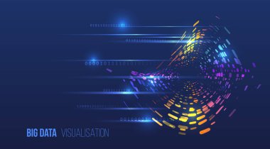 İkili kodlu büyük verilerin dinamik soyut görselleştirilmesi ve koyu mavi bir arkaplanda girdap oluşturan renkli parlayan parçacıklar. Veri akışı, yapay zeka ve dijital teknoloji kavramı.