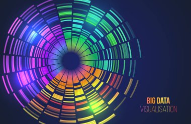 Karanlık bir arkaplanda parlak gökkuşağı renkleriyle soyut dairesel bilgi. Büyük veri görselleştirmesini, dijital analitiği ve yüksek teknoloji veri işlemesini simgeler.