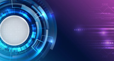 Parlak dairesel HUD elementleri ve veri çizgileri olan gelecekçi dijital teknoloji arka planı. Soyut devreli bilim kurgu arayüzü tasarımı, yüksek teknoloji ve yenilik temaları için mükemmel..