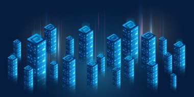 Karanlık bir arka planda parlayan mavi gökdelenleri olan gelecekçi şehir manzarası. Akıllı şehirleri, dijital altyapıyı ve gelişmiş kentsel teknolojiyi temsil eden modern bir izometrik çizim.