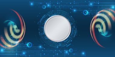 Merkezi dairesel arayüze sahip renkli soyut teknoloji arka planı ve koyu mavi bir arkaplanda dinamik noktalı dalga desenleri. Yenilik, veri ve teknoloji temaları için mükemmel.