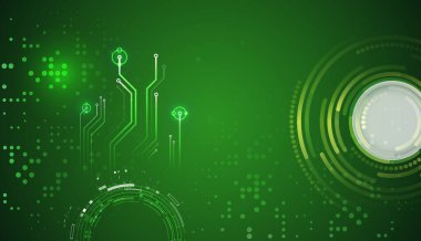 Parlak çizgileri ve soyut unsurları olan yeşil bir zemin üzerinde fütürist yuvarlak arayüz. Teknoloji, bilim kurgu veya dijital konulardaki sunumlar için mükemmel.