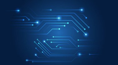 Yüksek teknoloji iletişim tasarımı. Elektronik vektör çizimi. Soyut modern dijital bilimsel teknoloji, fütürist baskılı devre kartı. Mavi arkaplanda siber bağlantı.