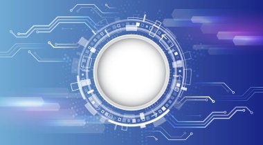 Soyut devre çizgileri ve dairesel HUD arayüzü olan gelecekteki mavi dijital arkaplan. Teknoloji sunumları, siber güvenlik temaları ve yenilikle ilgili tasarımlar için ideal.