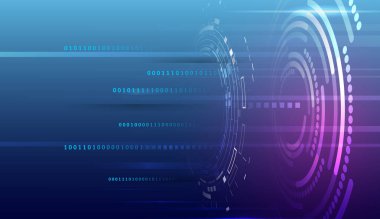 Wide Blue background with various technological elements. Abstract circle technology communication, vector illustration. Futuristic design for presentation. Hi-tech computer digital technology concept.