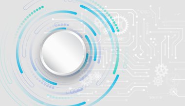 Soyut çemberler, dişliler ve devre kartı elementleriyle fütüristik teknoloji gri arka planı. Dijital, yüksek teknoloji ve yenilikçi tasarım projeleri, sunumlar ve afişler için ideal.