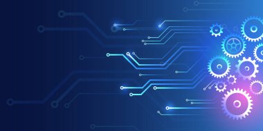 Mavi gradyan teknolojiyi, otomasyonu ve dijital yeniliği sembolize eden parlak dişli ve zincirli soyut fütüristik arka plan. Mekanik ve algoritmalar.