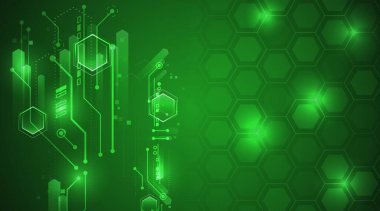 Parlayan altıgenler, devre çizgileri ve yüksek teknoloji elementleriyle geometrik dijital arka plan. Teknoloji, otomasyon ve yenilik temaları için ideal. Bilim için, tıbbi sunum.