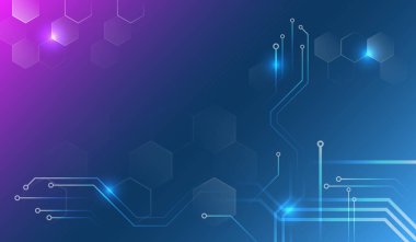 Parlak altıgenler ve devre çizgilerine sahip modern dijital arkaplan, yeniliği, teknolojiyi, veri ağlarını ve gelecekteki iletişimi sembolize ediyor.